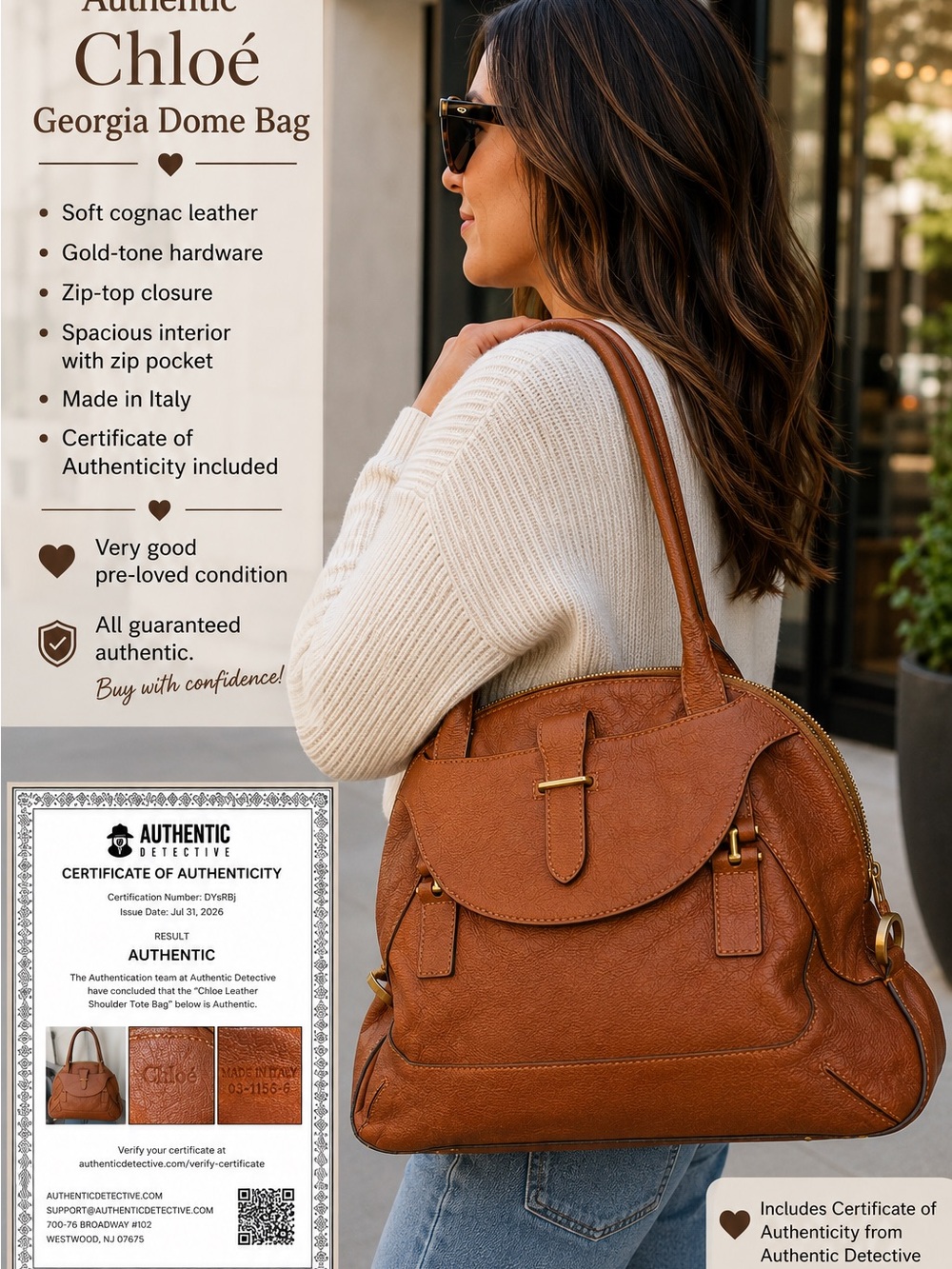 Chloé Georgia Dome Bag Cognac Brown Leather Shoulder Tote - Picture 15 of 16